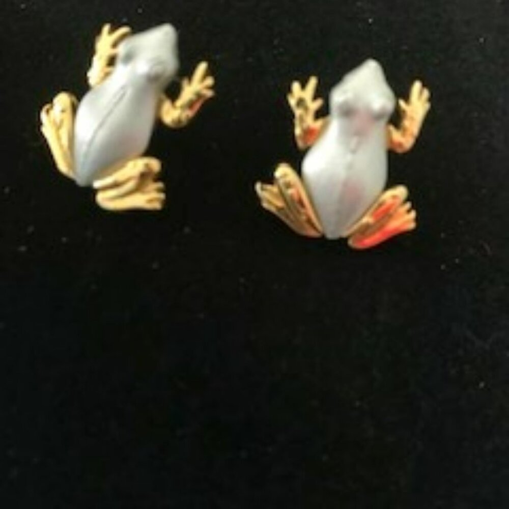 RETRO JJ Jonette Frog PEWTER Gold& Silver signed JJ pierce earrings